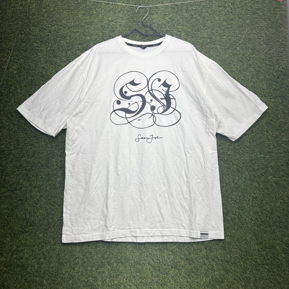 Vintage Sean John Y2k Shirt Mens XXL White Logo Short Sleeve Grunge Hip Hop Boxy